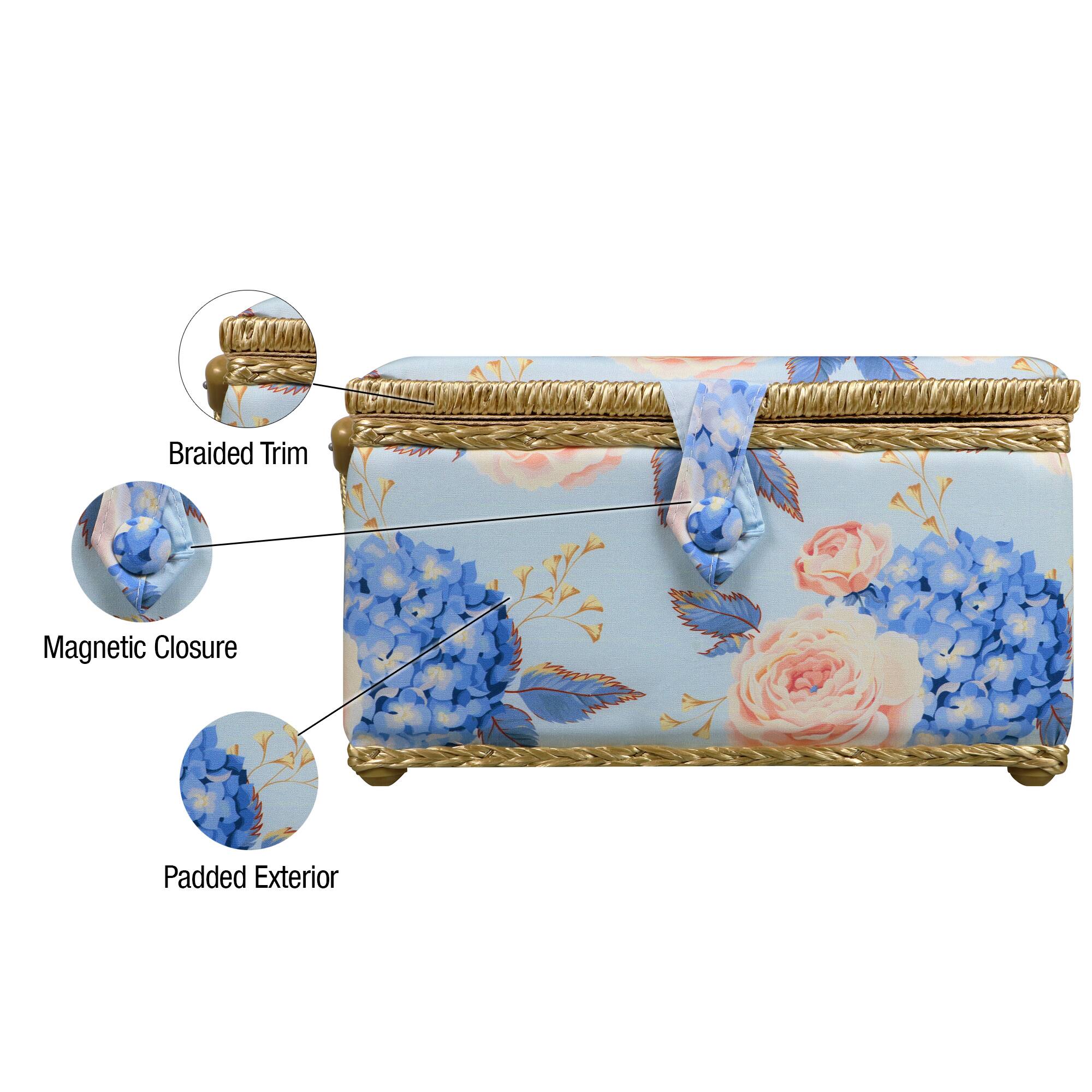SINGER® Large Blue Hydrangeas Print Sewing Basket with Matching Zipper Pouch